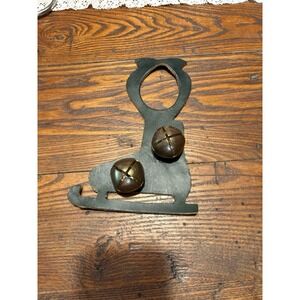 VINTAGE "MBS" Leather Door Handle Ice Skate With Gold Bells Holidays Winter